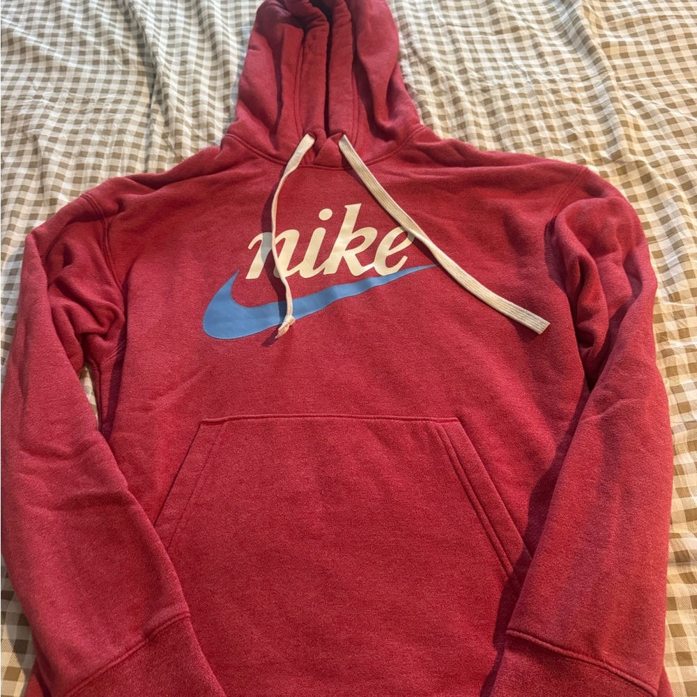 Nike Men's Red Hoodie with Blue Swoosh